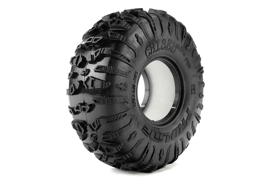 Pro-Line 1.9" Chisel II crawler tyre featuring aggressive tread and foam insert against a white background.