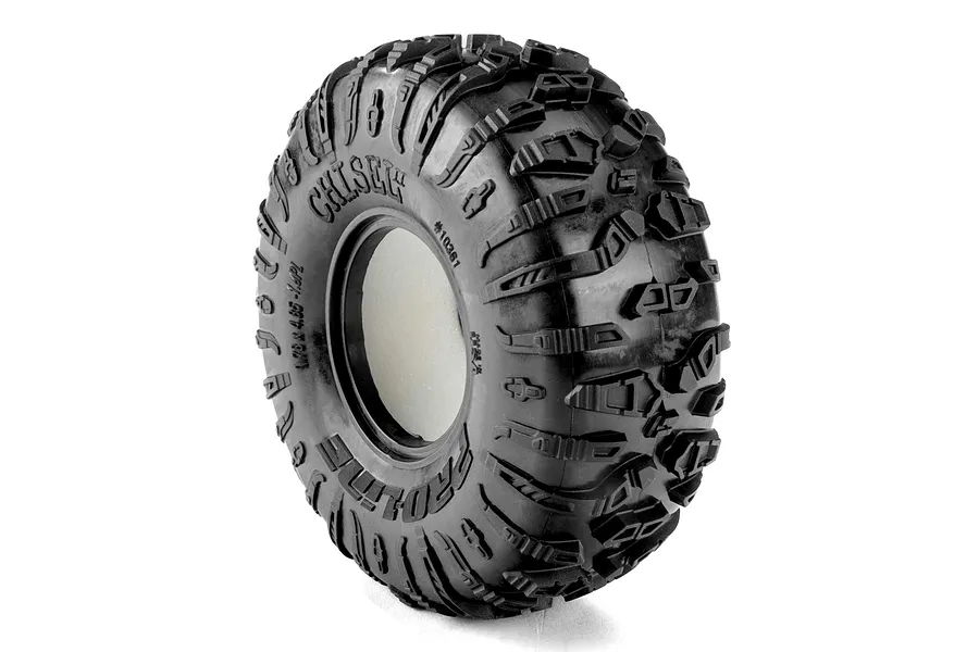 Pro-Line 1.9" Chisel II crawler tyre with foam insert shown at an angle against a white background.
