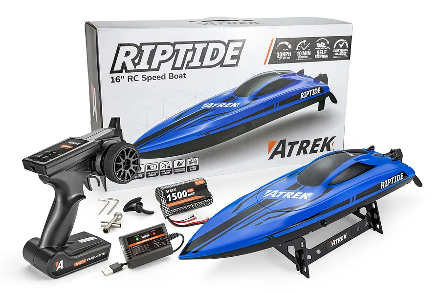 Atrek Riptide 16 inch RC Speed Boat in blue with its retail box, transmitter, lithium battery, USB charger, stand, and accessories.