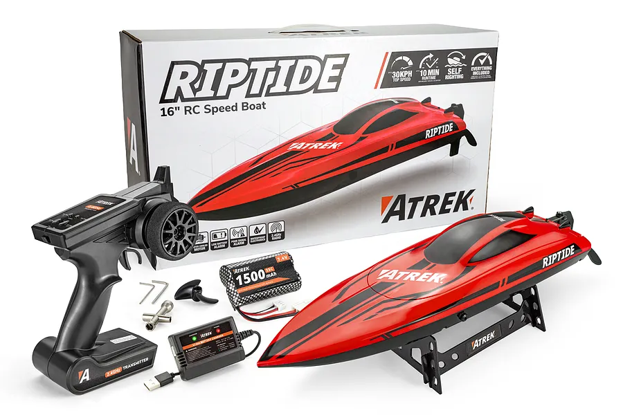 Atrek Riptide 16 inch RC speed boat in red, shown alongside its transmitter, battery, charger, boat stand, and retail box.