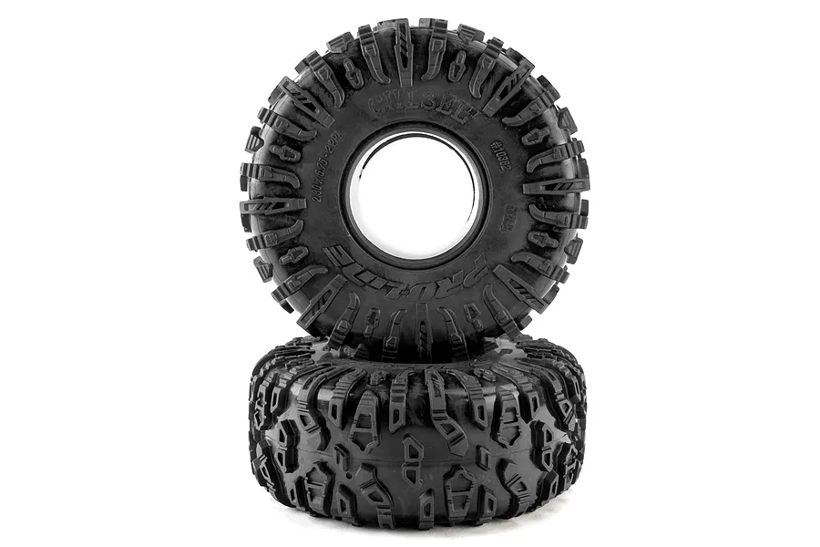 Pro-Line 2.2 inch Chisel II crawler tyres featuring an aggressive tread pattern, displayed stacked against a white background.