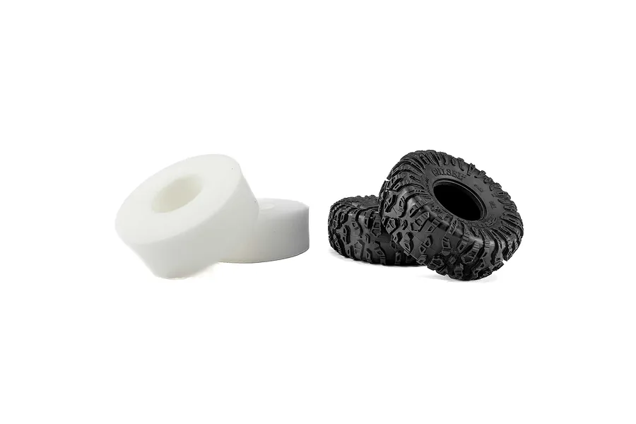 Pro-Line 2.2" Chisel II G8 crawler tyres displayed alongside two matching white foam inserts against a clean white background.