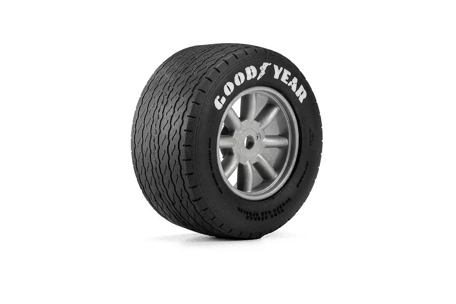 Pro-Line Goodyear Blue Streak VTA front tyre mounted on a grey multi-spoke rim against a white background.