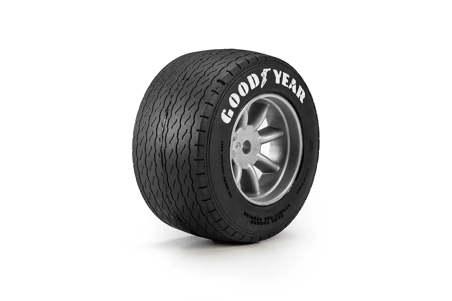 Pro-Line 1/12 Goodyear Blue Streak VTA rear tyre mounted on a grey multi-spoke rim against a white background.