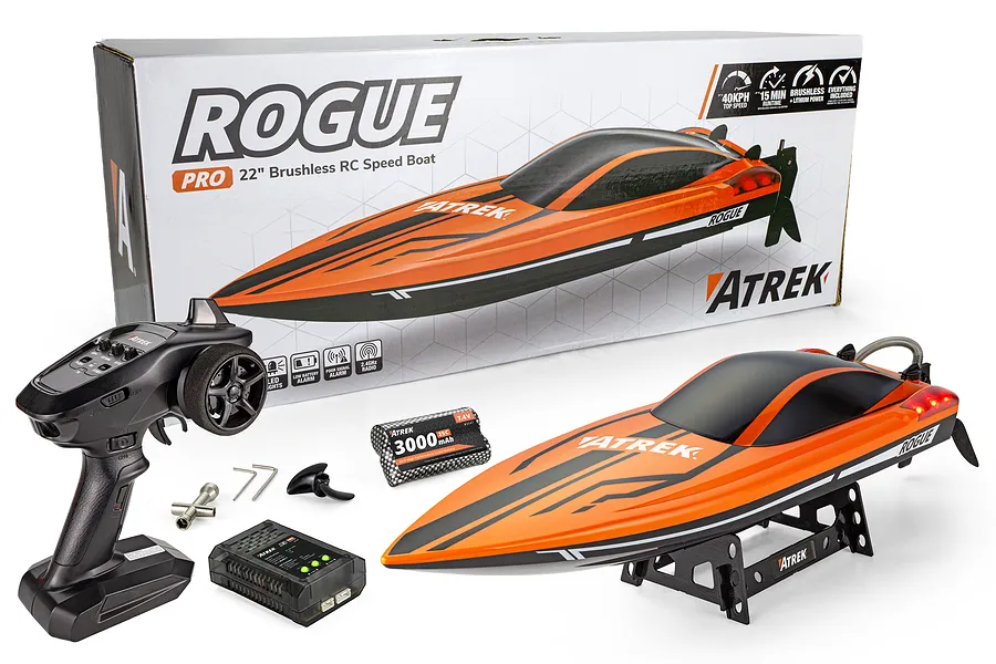 Atrek Rogue 22 inch orange brushless RC speed boat set with transmitter, battery, charger, boat stand, and retail box.