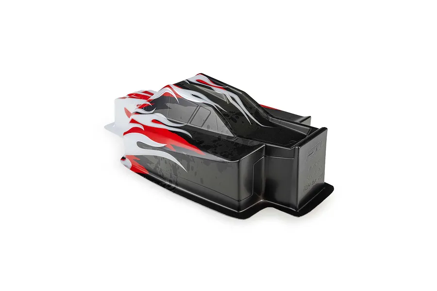 Pro-Line 1/8 Sector Flame painted body shell in red, black, and white for an RC buggy, viewed from a high angle.