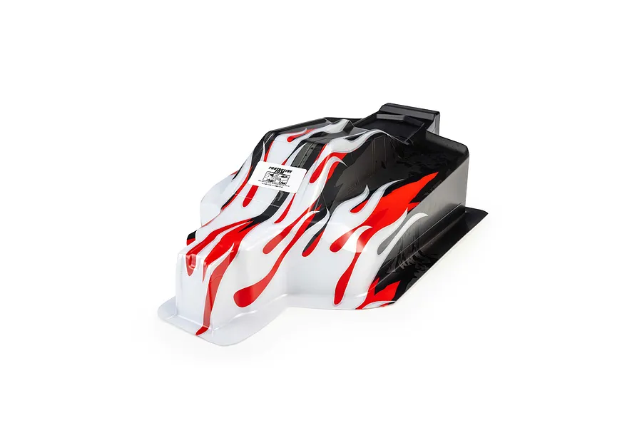 Pro-Line 1/8 scale painted buggy body shell featuring a red, white, and black flame design against a white background.