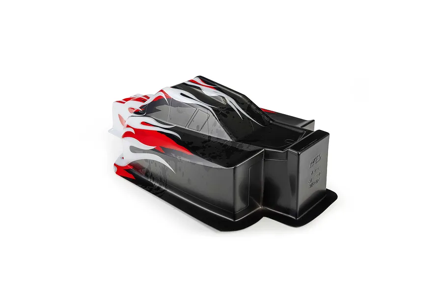 Pro-Line 1/8 Sector Flame limited edition painted body shell featuring black, red, and white flame graphics against a clean white studio background.