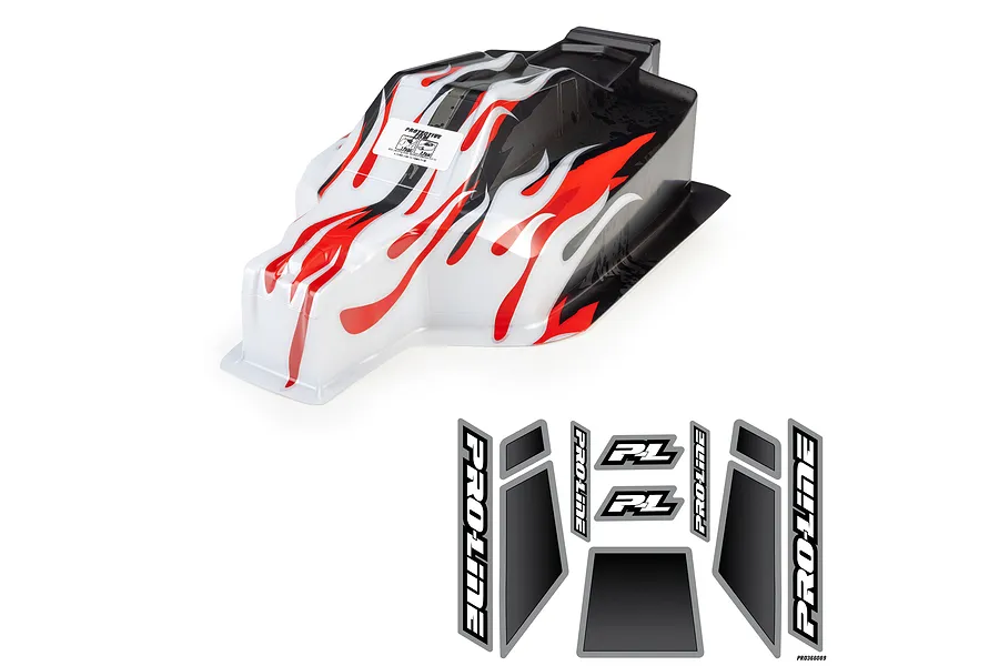 Pro-Line 1/8 Sector Flame painted body shell in red, white, and black with included decal sheet on a white background.