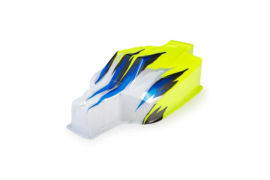 Pro-Line 1/8 scale painted RC buggy body shell featuring a yellow, blue, silver, and black graphic design.