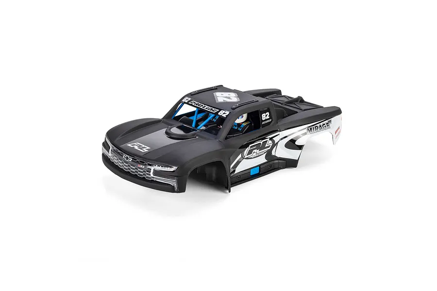 Pro-Line matte black 2019 Chevy Silverado trophy truck body shell with white graphics on a white background.