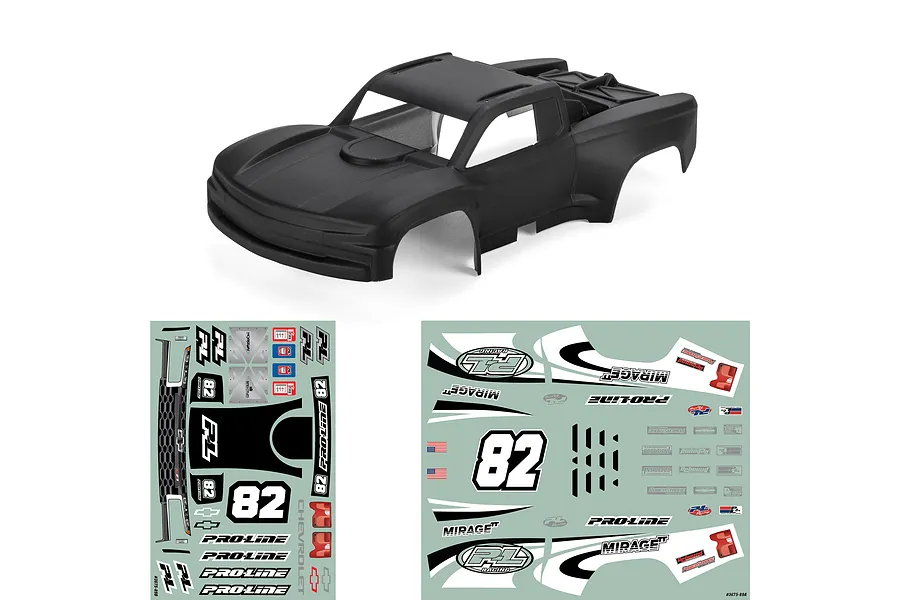 Matte black Pro-Line RC trophy truck body shell accompanied by two sheets of sponsor and racing decals.