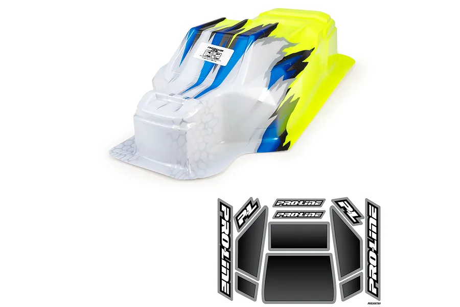 Pro-Line 1/8 Sector Hase limited edition painted body shell in yellow, blue, and white with an included decal sheet.