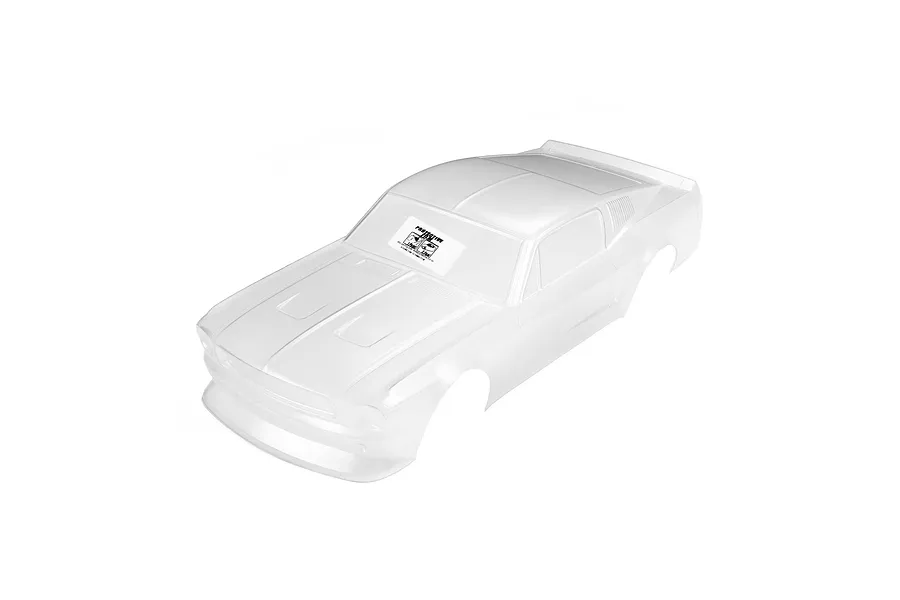 Pro-Line 1968 Ford Mustang unpainted clear RC body shell viewed from the front right angle against a white background.