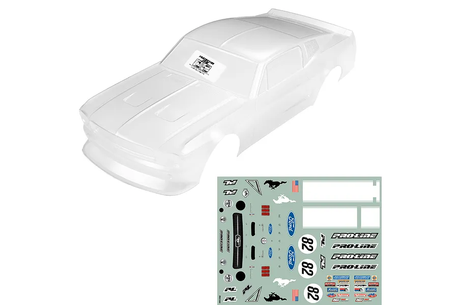 Pro-Line 1968 Ford Mustang unpainted clear body shell and included decal sheet on a white background.