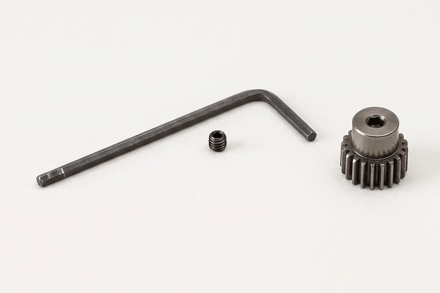 Losi steel pinion gear accompanied by a small set screw and an L-shaped hex wrench against a white background.
