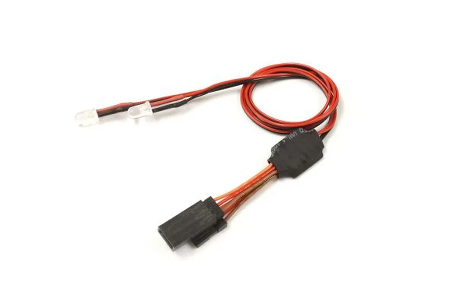 Kyosho 2 LED Light Unit featuring two clear LEDs, red and black wiring harness, and a black connector plug on a plain white background.