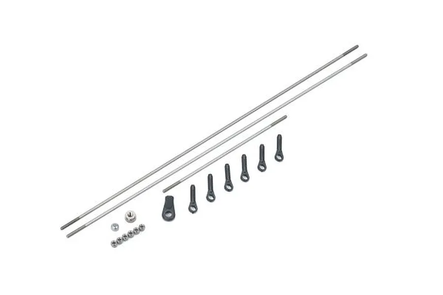 Kyosho rod set including threaded metal rods, plastic ball ends, and small hardware components on a white background.