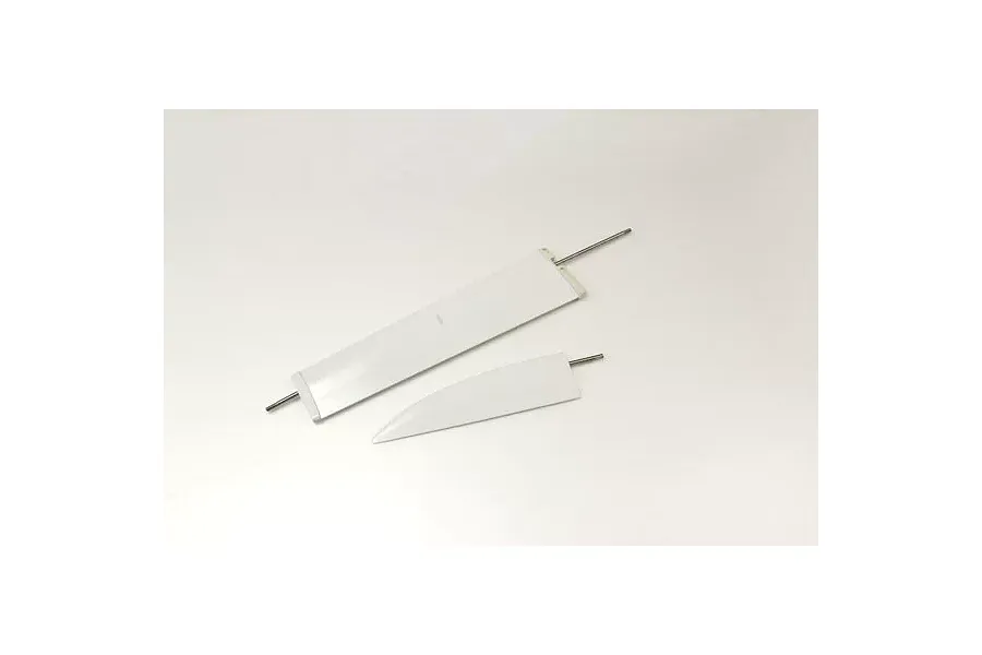 Kyosho rudder and keel set components shown on a plain white background, consisting of white plastic boat fins with metal shafts.