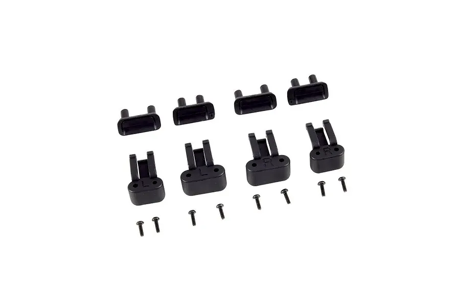 FMS Toyota LC80 black plastic scale door handle set with 16 pieces including handles and mounting screws.