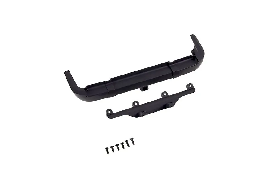 FMS 1/10 Toyota Landcruiser rear bumper set including main bumper, mounting bracket, and six screws on a white background.