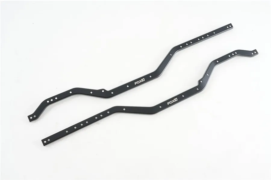 FMS Metal Frame Rails 2Pcs laid flat against a clean white studio background showing pre-drilled mounting holes and FCX10 branding.