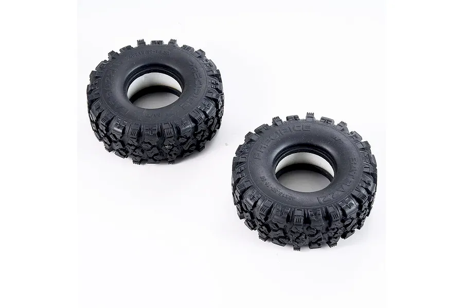 Two black rubber RC crawler tires with aggressive tread patterns shown on a plain white background.