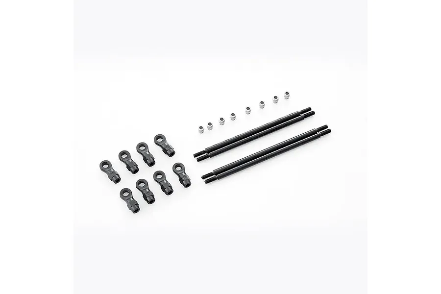FMS Rear V2 Linkage Rod Set showing black linkage rods, plastic rod ends, and small metal pivot balls on a white background.