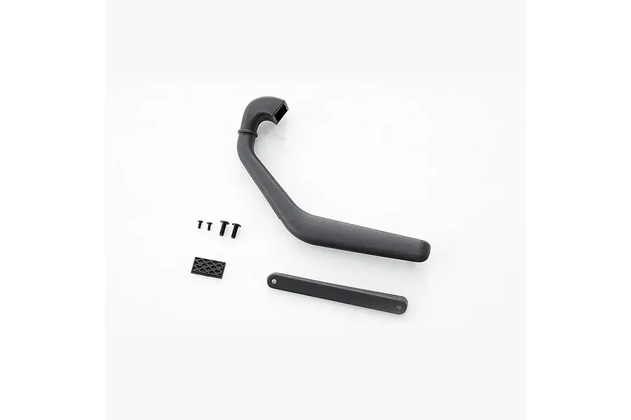 FMS 1/10 scale Toyota LC80 Landcruiser snorkel accessory set including snorkel body, mounting bracket, hardware, and pad against a white background.