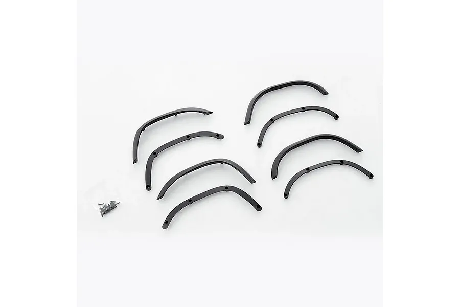 FMS 1/10 Toyota LC80 Landcruiser wheel fender set featuring 8 black plastic pieces and mounting screws.
