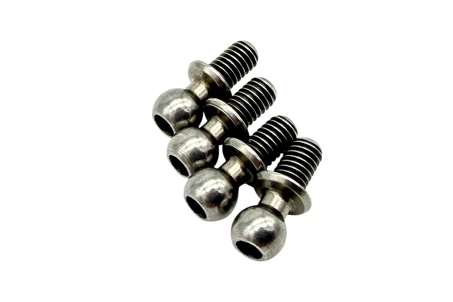 Studio product shot of four polished silver-coloured metal male ball studs arranged diagonally on a plain white background.