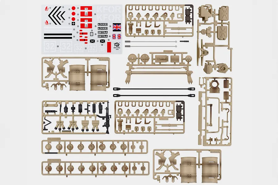Heng Long 1/16 scale Challenger 2 tank accessory parts on plastic sprues, including decals and tow cables.