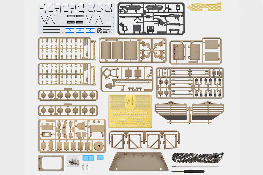 Heng Long IDF Merkava Mk-IV accessory pack showing plastic parts trees, decal sheet, metal chain, and hardware on white background.