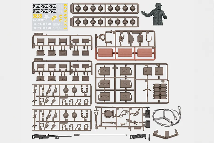 Heng Long 1/16 scale M26 tank plastic accessory parts sprues, decals, figure, and tow cable on a white background.