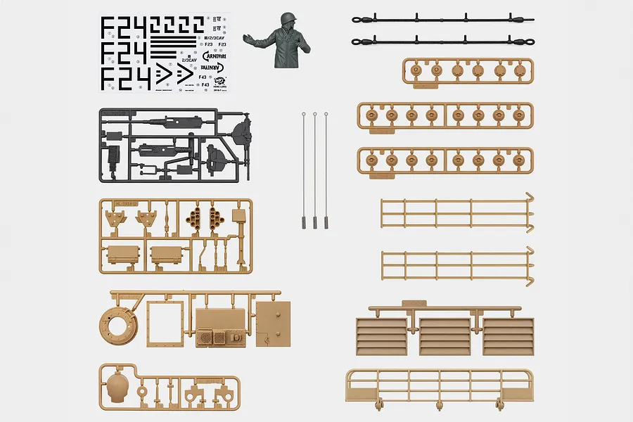 Top-down studio view of Heng Long USA M1A2 Abrams tank accessory pack parts laid out on a white background.
