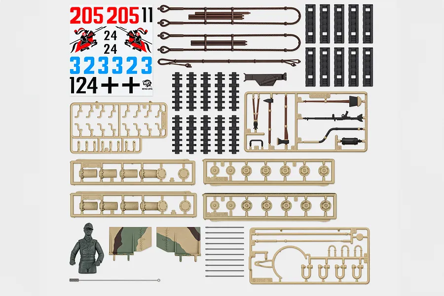 Heng Long 1/16 German King Tiger tank accessory pack featuring plastic parts, tow cables, decals, and tools on a white background.