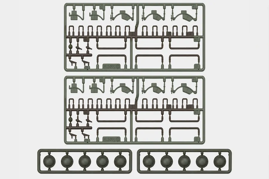 Two identical green plastic accessory sprues and two smaller sprues with round parts for the Heng Long T-34/85 tank.