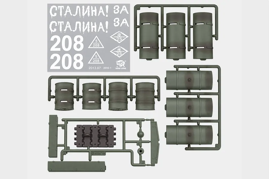 Heng Long 1/16 Soviet Union T-34/85 tank accessory pack including plastic sprues with cylindrical fuel tanks and a decal sheet.