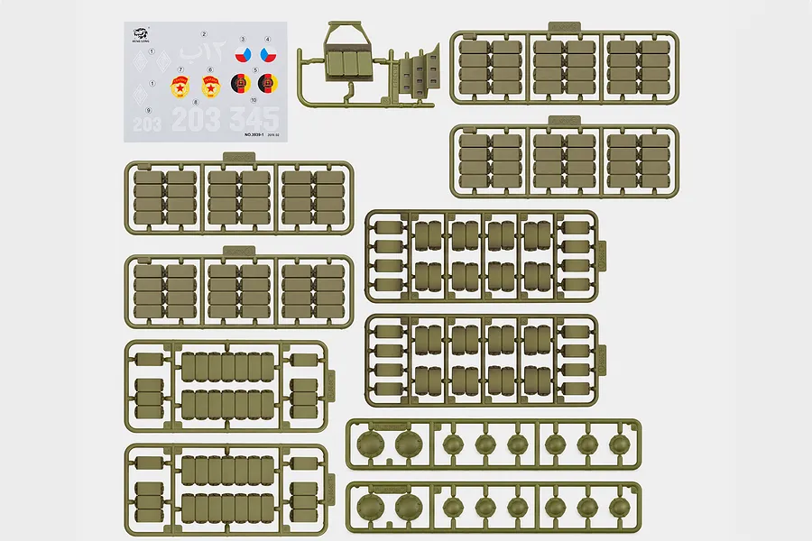 Heng Long Russian T-72 accessory pack showing plastic sprues of scale tank parts and a decal sheet on white background.