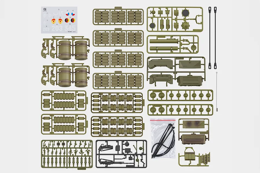 Heng Long 1/16 Russian T-72 tank accessory pack, including multiple plastic sprue parts, decal sheet, and cables on white background.