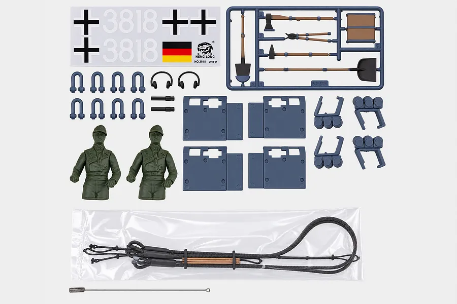 Heng Long 1/16 German Tiger I tank accessory pack including decals, tow cables, tools on a sprue, commander figures, and hatches.
