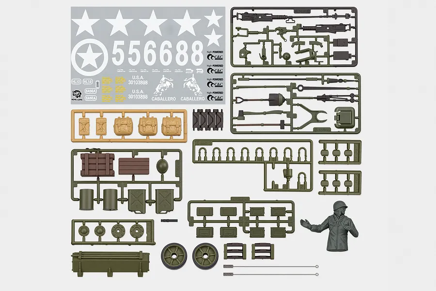 Heng Long RC tank accessory set featuring plastic parts sprues, decals, tools, and a commander figure.