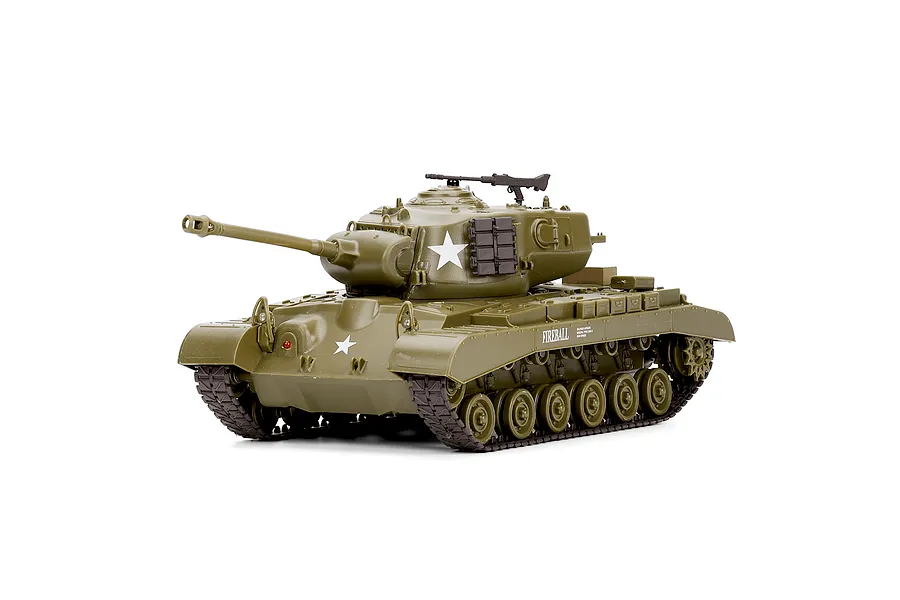 Heng Long M26 Pershing RC tank in olive green with white star insignia and Fireball markings on a clean white background.