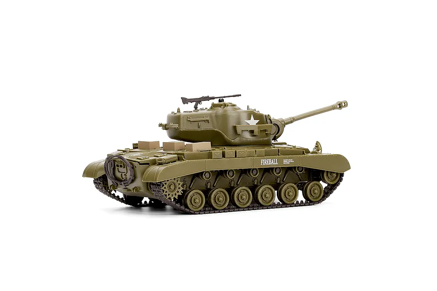 Heng Long M26 Pershing RC tank in olive green with 'FIREBALL' text on the side, viewed from a side angle on a white background.