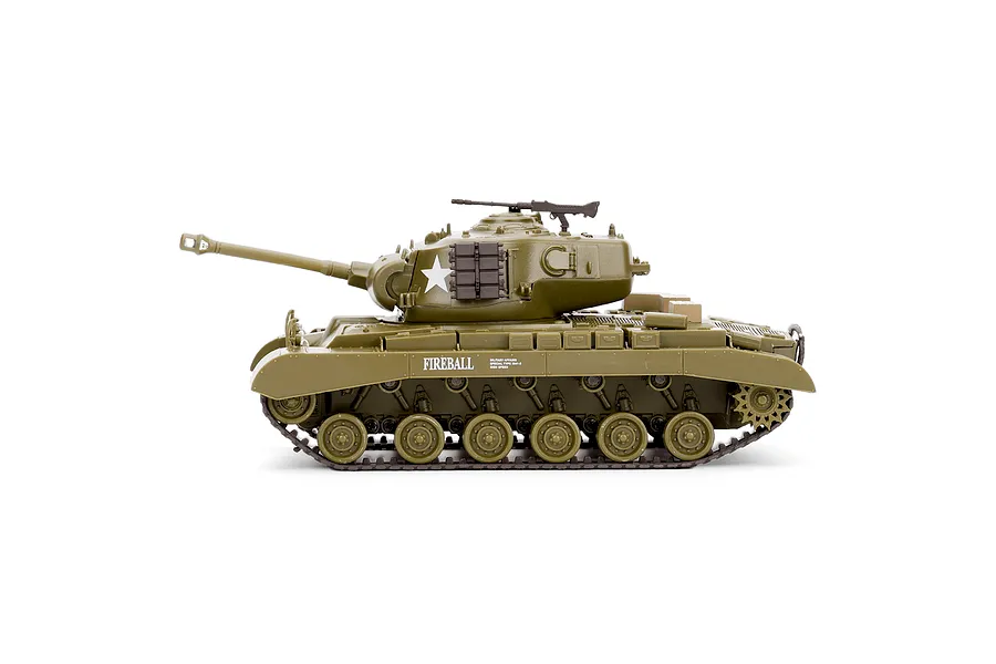 Side profile of the Heng Long M26 Pershing RC tank in olive drab green with FIREBALL lettering on the side, isolated on a white background.