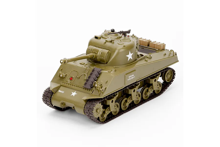 Heng Long 1/30 scale M4A3 Sherman RC tank in olive drab green with white star markings against a white background.