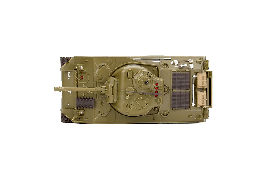 Top-down studio shot of the Heng Long M4A3 Sherman RC tank in olive drab, showing turret, tracks, and molded details.