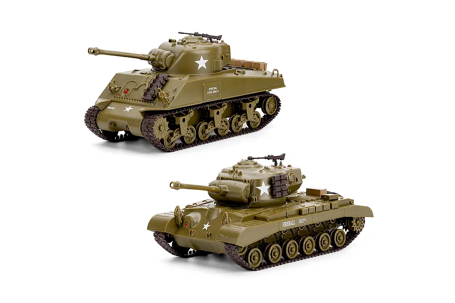 Heng Long Sherman and Pershing M26 RC tanks in green finish on a clean white background.