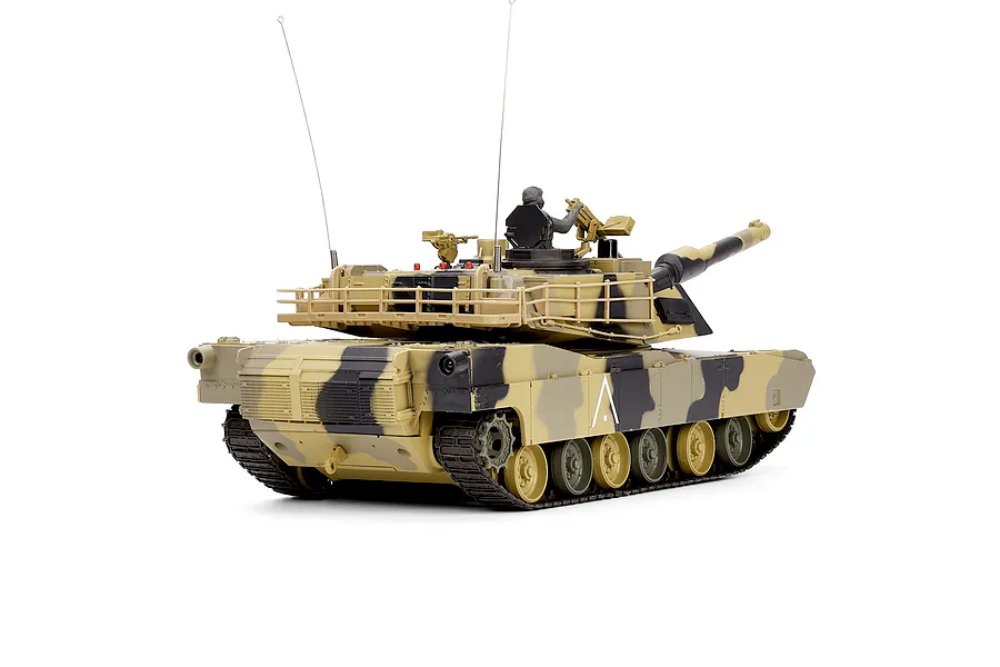 Heng Long M1A2 Abrams RC tank in desert camouflage viewed from the rear three-quarters on a white background.