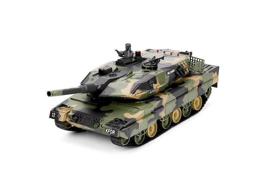 Heng Long German Leopard 2 A5 RC tank in multi-color camouflage with commander figure against a white background.